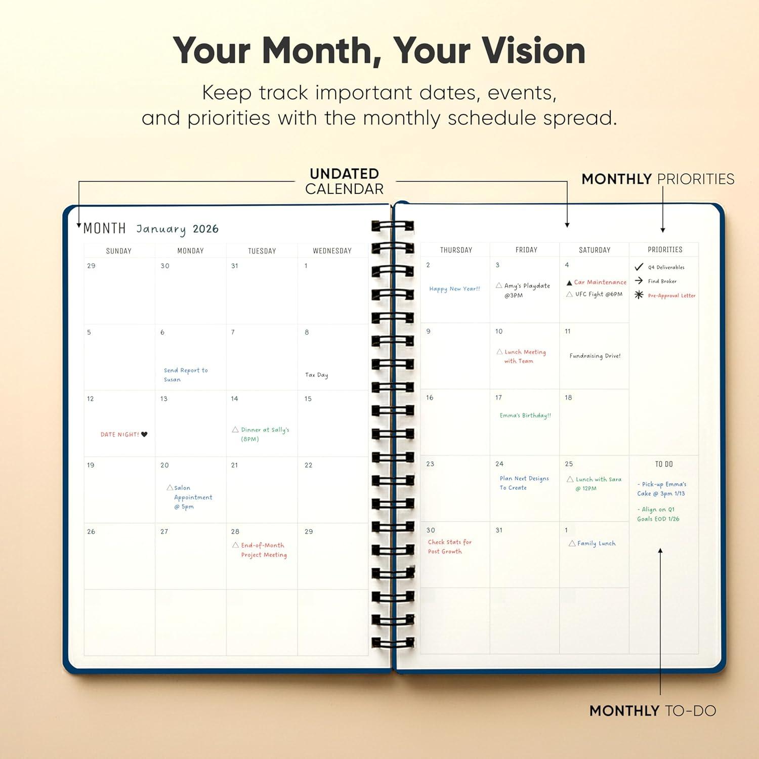 image:image2026 Planner 85 x 11 SpiralBound Weekly Monthly and Daily Planner Organize All 52 Weeks Increase Productivity and Get Organized Productivity Store BlackNavy