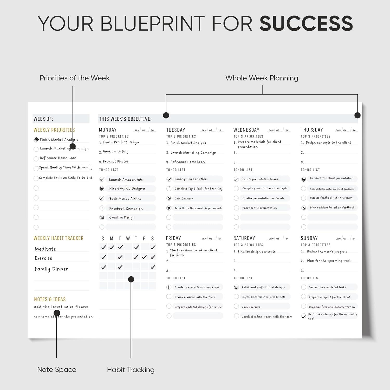 image:imageProductivity Store Weekly Desk Planner Pad 12Month Productivity Planner TearOut Deskpad for ToDo List Productivity Tools for Time Management and Mindfulness A4 Size Black